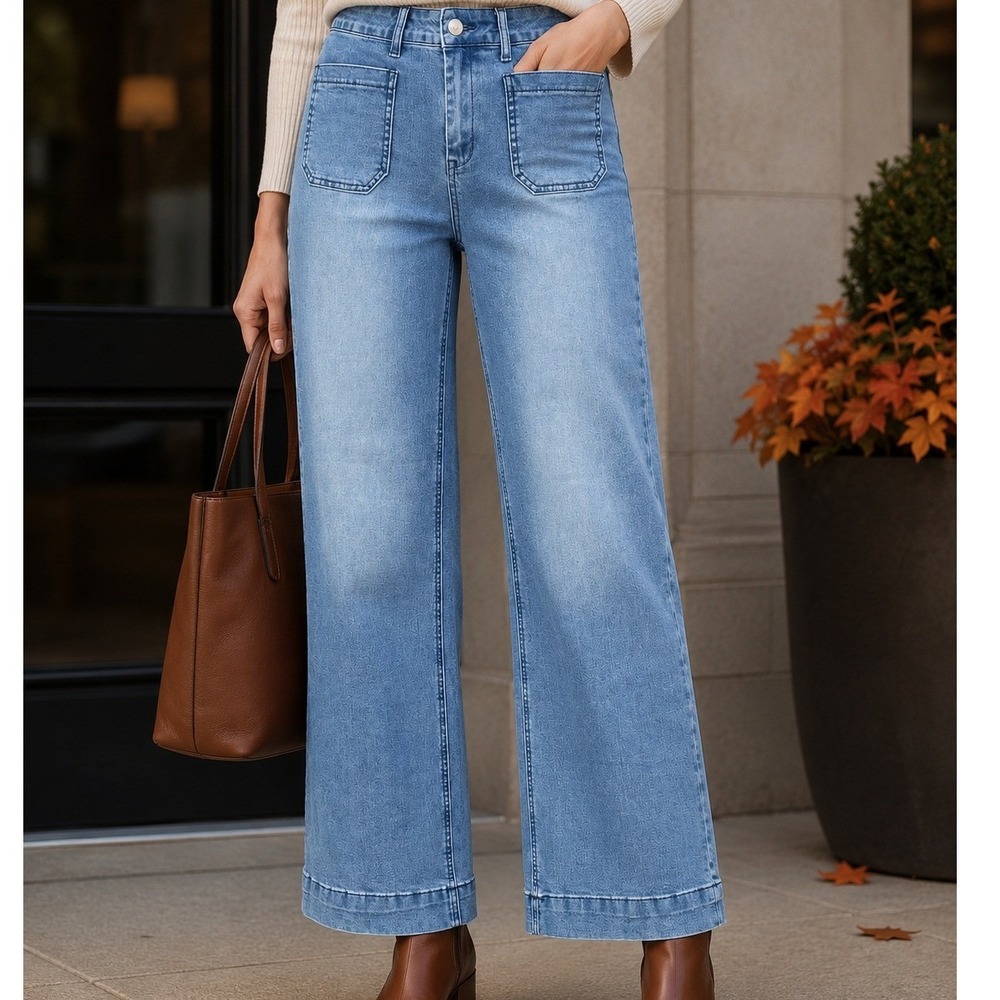 TRQ Womens High Rise Wide Leg Light Wash Patch Pocket Jeans Blue Size 12
